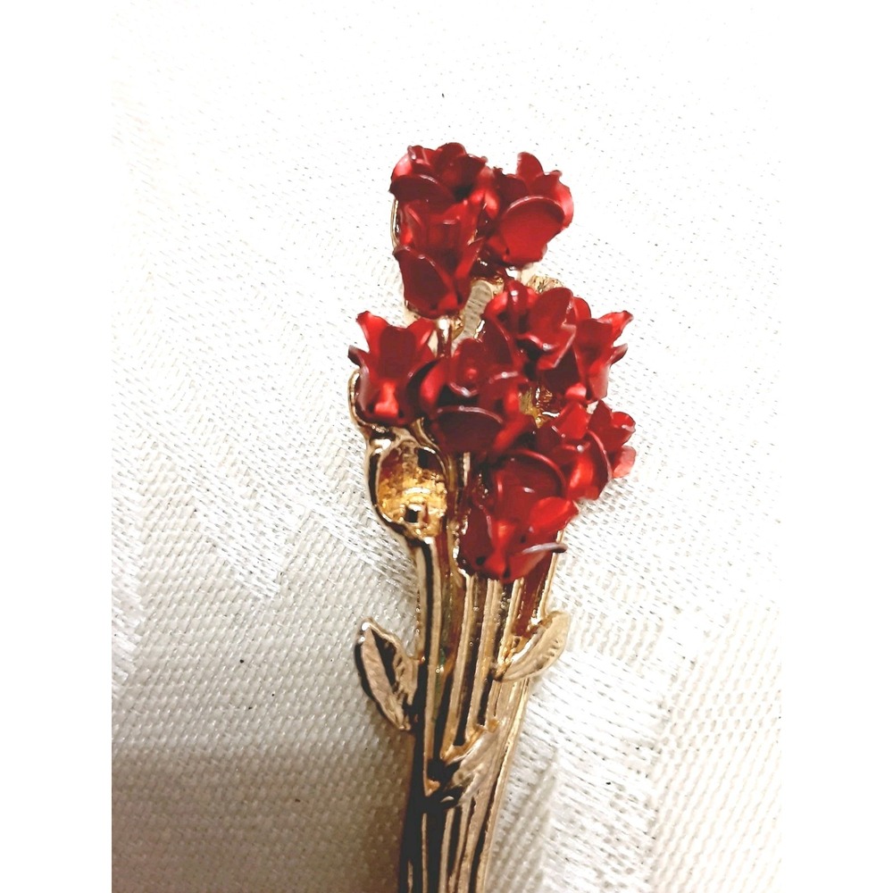 VTG 1997 Brooch Pin Red Enameled Roses Flowers BOUQUET DM 97 Gold Tone